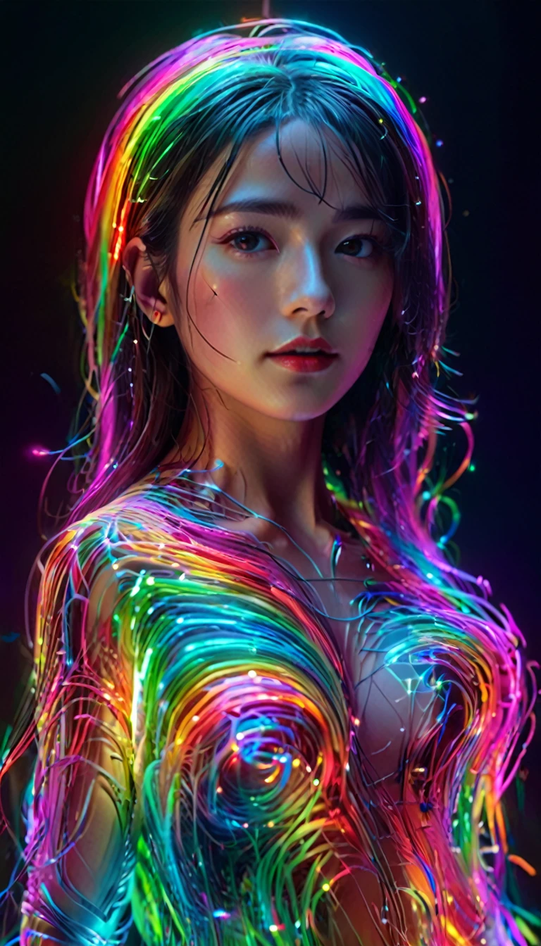 Ultra-Realistic Capture,18k,RAW Photos,Highest quality,masterpiece,reality,Very detailed,Very beautiful woman,Android,cyborg,cyber-,(((full body))),(Very detailedな電子機器),(Skin that clearly shows the internal electronics),Very thin connecting wire,Full-body connection lines,Fully transparent rainbow skin,Advanced AI,neon,Small glowing LED light,Very long messy hair,Are standing,