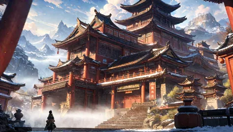 anime aestetics, anime landscape, view from the feet of the mountain, huge chinese sanctuary at the mountain, mountain covered i...