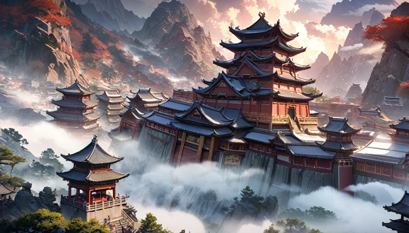  anime aestetics, anime landscape, view from the feet of the mountain, huge chinese sanctuary at the mountain, mountain covered in buildings, red walls. spiky roofs, ancient chinese architecture, transparent fog, big clouds, snowy mountaintops, mystic atmosphere, calm atmosphere, beautiful architecture, wide shot, atmospheric perspective, perspective, from below, 4K, 8k, best quality, award winning, super detail, masterpiece, UHD