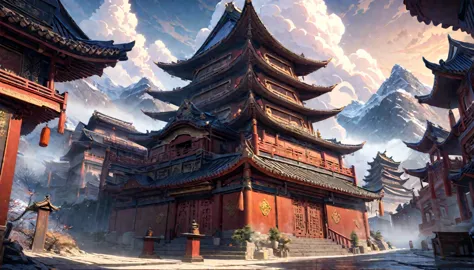 anime aestetics, anime landscape, view from the feet of the mountain, huge chinese sanctuary at the mountain, mountain covered i...