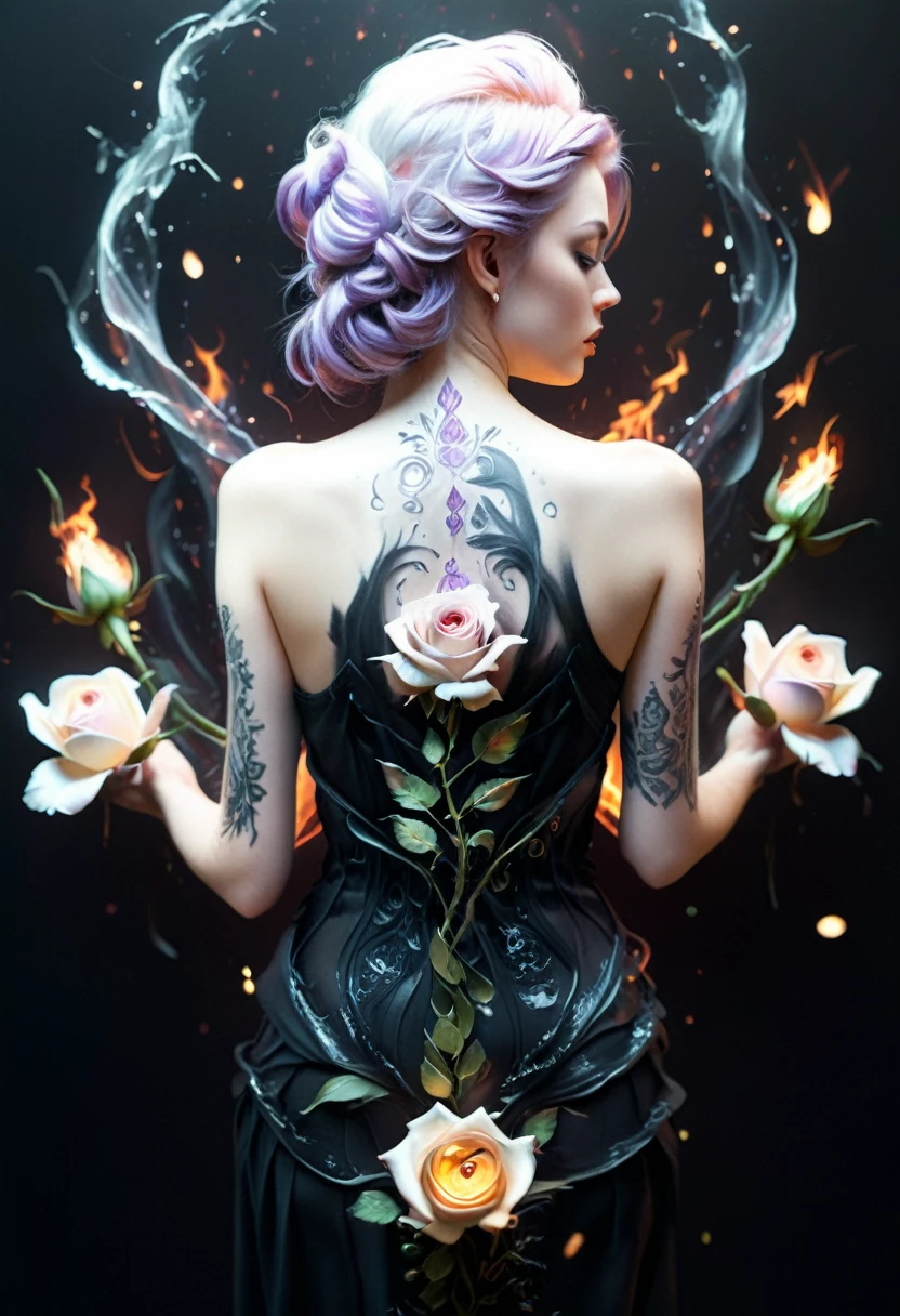 arafé, Dark art fantastique, art fantastique, art gothique, a picture of a tattoo on le back of sublime women, un tatouage brillant d’une Artflwr ((rose blanche: 1.3)) on the woman's back, le ((Tatouage de roses)) est vif, intricate detailed coming to life from le ink to real life, GlowingRunesAI_violet, ((fire surrounds le rose petals: 1.5)), shoot taken from le back, ((le back is visible: 1.3), elle porte une robe noire transparente, le dress is elegant, écoulement, that le tattoos glow, couleur de cheveux faize dynamique, coiffure dynamique, intéresser, peinture numérique