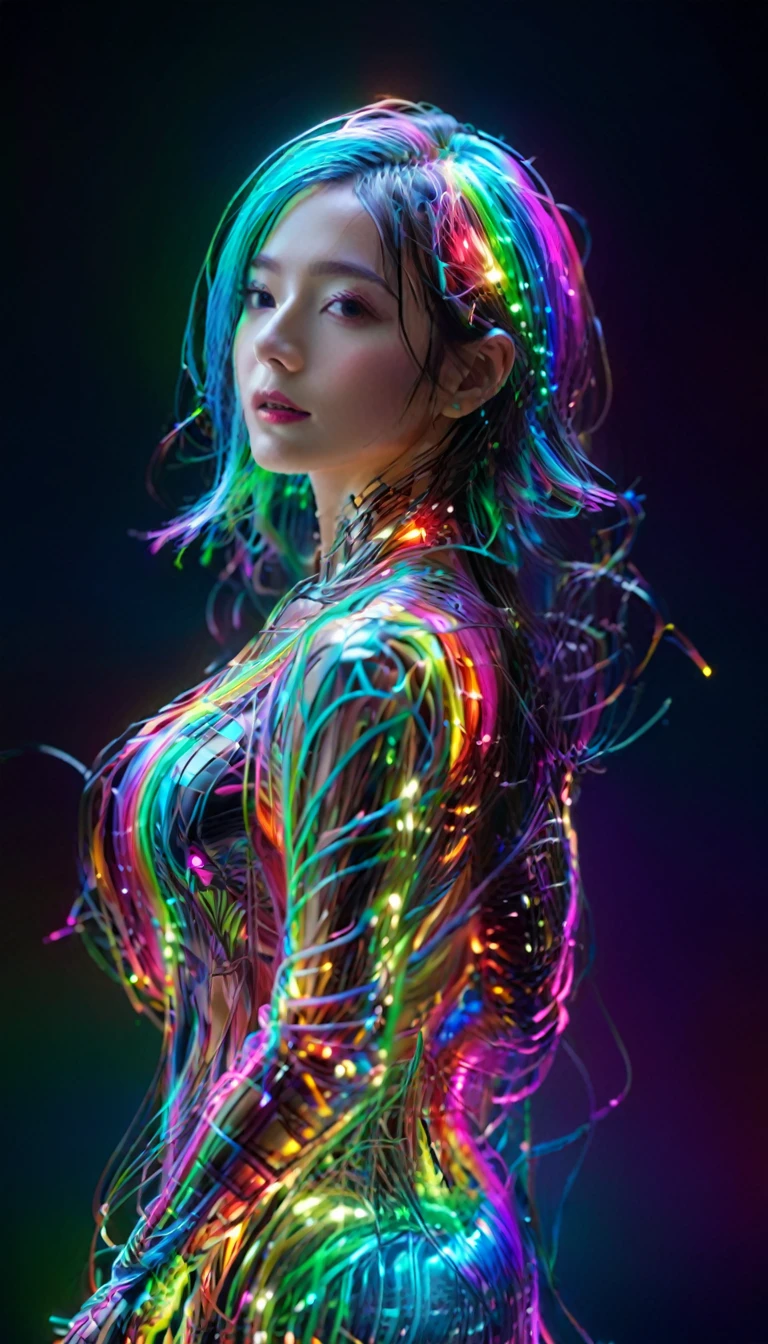 Ultra-Realistic Capture,18k,RAW Photos,Highest quality,masterpiece,reality,Very detailed,Very beautiful woman,Android,cyborg,cyber-,(((full body))),(Very detailedな電子機器),(Skin that clearly shows the internal electronics),Very thin connecting wire,Full-body connection lines,Fully transparent rainbow skin,Advanced AI,neon,Small glowing LED light,Very long messy hair,Are standing,Back view,