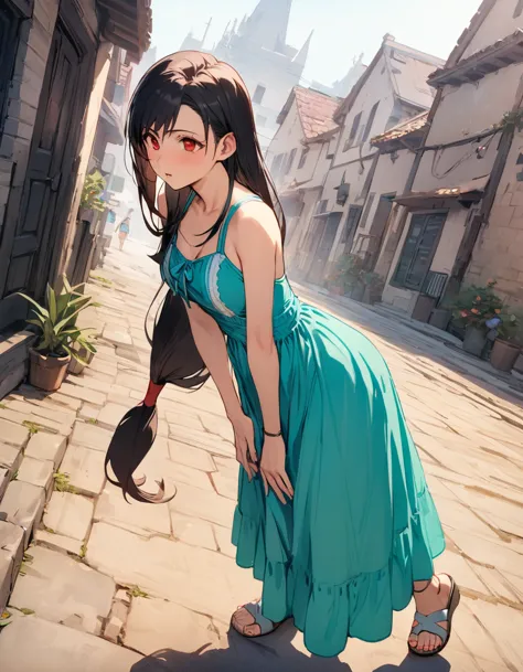 pasttifa, red eyes, low-tied long hair, aqua sundress, sleeveless, sandals, masterpiece, best quality, ultra high resolution