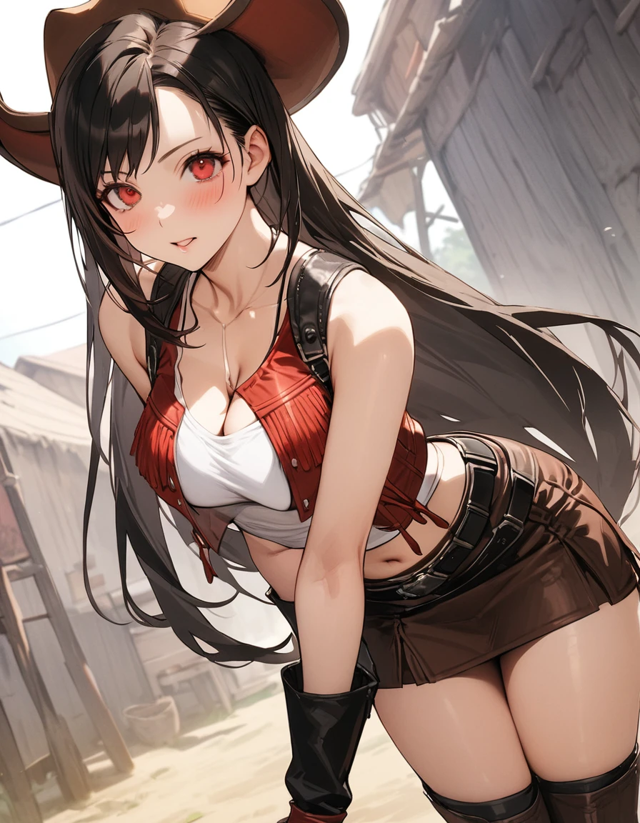 hatTifa, red eyes, long hair, cowboy hat, brown vest, white shirt, sleeveless, cleavage, midriff, brown skirt, belt, cowboy boots, masterpiece, best quality, ultra high resolution
