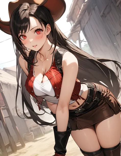 hatTifa, red eyes, long hair, cowboy hat, brown vest, white shirt, sleeveless, cleavage, midriff, brown skirt, belt, cowboy boot...