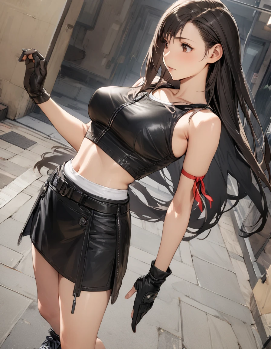 acTifa, brown eyes, long hair, black shirt, black tank top, zipper, black skirt, midriff, black shorts, black gloves, arm ribbon, black sneakers, masterpiece, best quality, ultra high resolution
