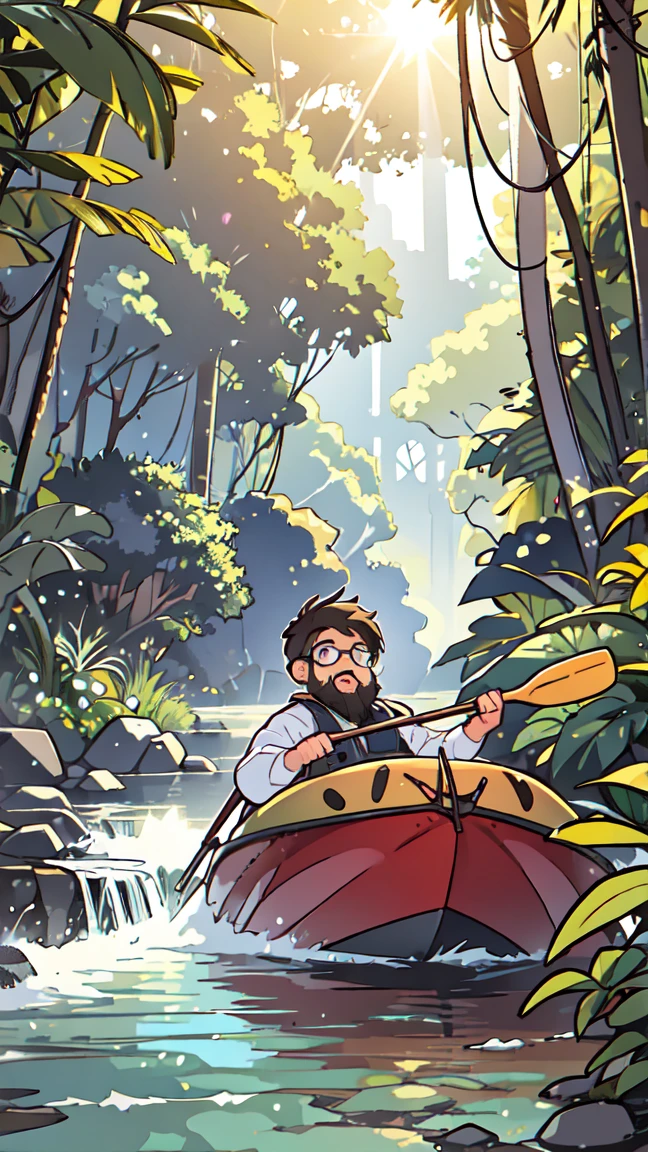 (Little), One boy, beard, Glasses, obesity, expedition, jungle, river, Canoeing, flow, adventure, nature, Unity, Green Canopy, Animals, Splash, Light of the sun, Foliage, Bird sounds, New discoveries