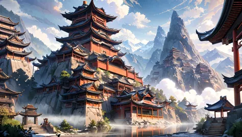 anime aestetics, anime landscape, view from the feet of the mountain, huge chinese sanctuary at the mountain, mountain covered i...