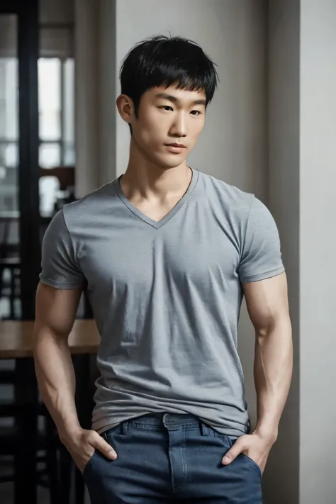((realistic daylight)) , Young Korean man in a simple gray t-shirt only, no pattern, denim shirt, and jeans., A handsome, muscul...