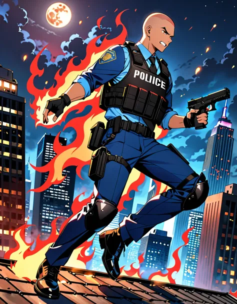 (masterpiece), (best quality), (high res), (solo, solo focus), 1male, male focus, mercenary, police officer, (red hair, short hair, buzz cut, bang), (brown eyes), (perfect hands, using gun, pistol, glock17, shell casings), matching fingerless black gloves, blue suit and pants, black necktie, black assault vest, black knee pads, black boots. dynamic action pose. new york backdrop, midnight, moon, rooftop, outdoors, standing, angry, clenched teeth, looking away, (his body surrounded by red aura, flames), teleporter. cowboy shot. full-body costume design.