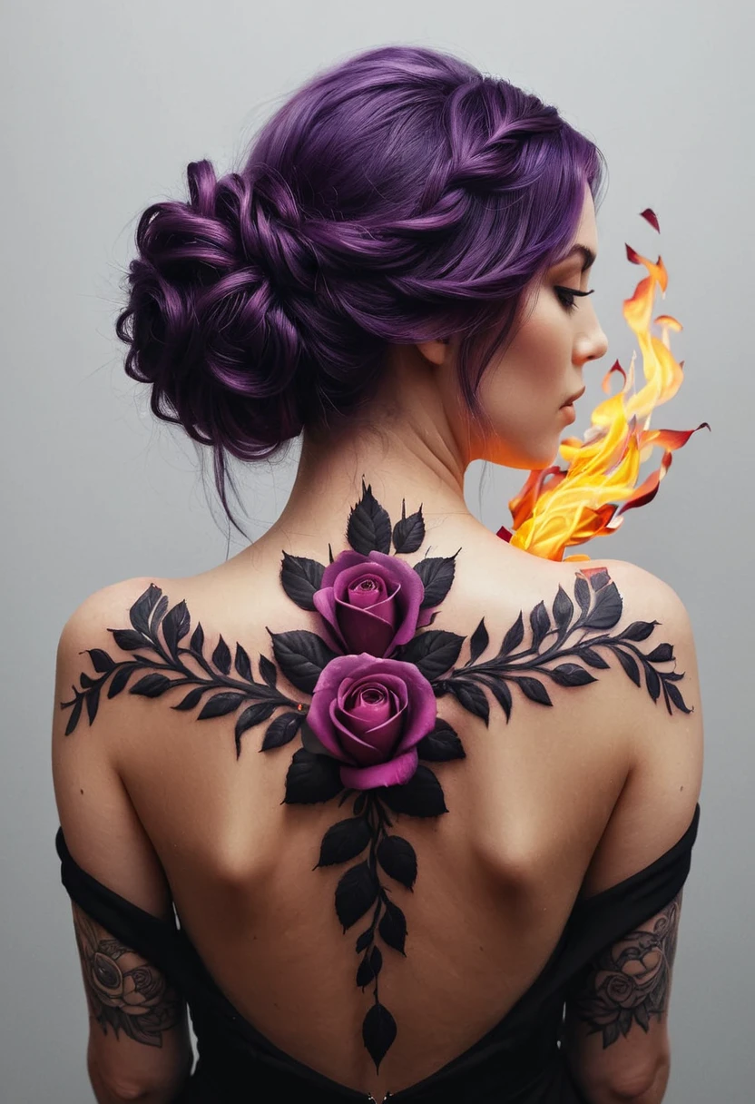 arafé, Dark art fantastique, art fantastique, art gothique, a drawing of a minimalist tattoo on le back of a sublime women, un tatouage brillant d’une Artflwr ((rose blanche: 1.3)) on the woman's back, le ((Tatouage de roses)) est vif avec un effet 3D sortant de son dos, intricate detailed coming to life from le ink to real life, GlowingRunesAI_violet, ((fire surrounds le rose petals: 1.5)), shoot taken from le back, ((le back is visible: 1.3), le dress is elegant, écoulement, that le tattoos glow, couleur de cheveux faize dynamique, coiffure dynamique, intéresser, peinture numérique