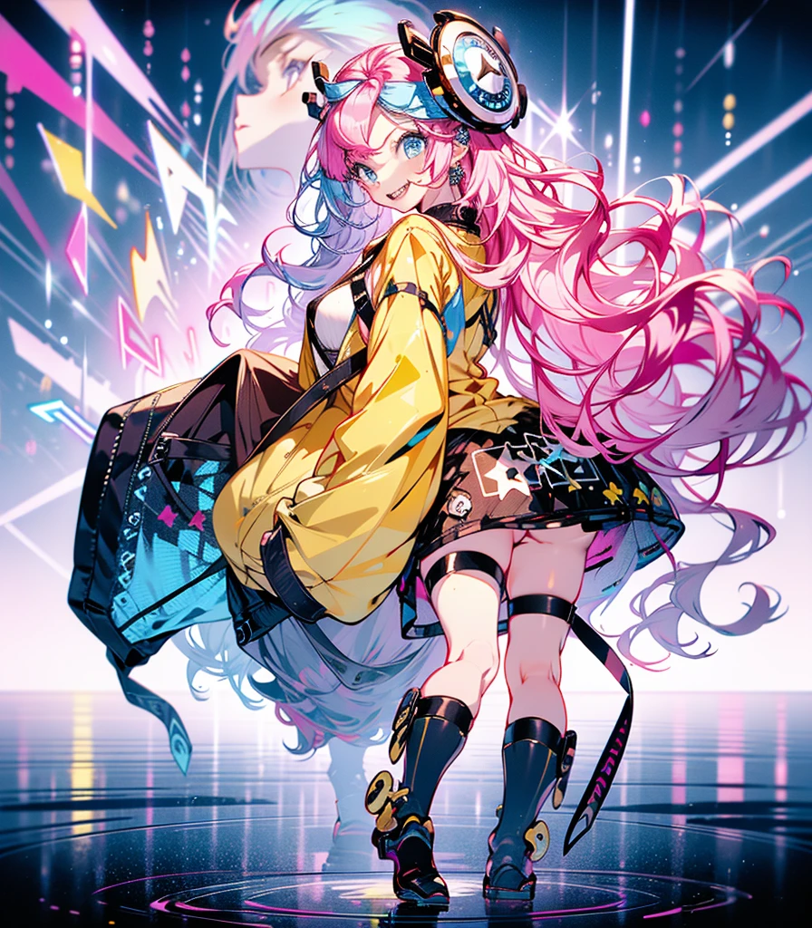 Highest quality、masterpiece、Big Breasts,Pink hair and blue eyes、Yellow Jacket、Please raise your right hand、Lower your left hand、Stand only on your right foot、Raise your left leg。smile、White Background,Nanjamo,No text