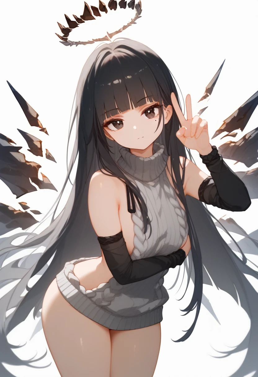 (score_9, score_8_up, score_7_up), 1girl, VirtuosaBase, cute, (chibi:0.7), black hair, blunt bangs, long hair, broken halo, energy wings, black eyes, mole under right eye, small breasts, virgin killer sweater, detached sleeves, gray sweater, single hand victory pose, hand on hip, leaning forward, looking at viewer, upper body, zoom out, white background, huge ass , ass , underboob ,under breasts , thighs , big thighs , thicc thighs , ass  , tanding split , standing spilt legs ,  thighs , side thighs , nude spreading legs , open legs , 