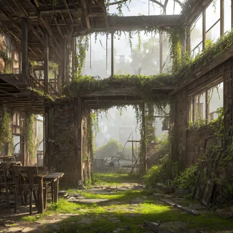 a dilapidated windmill in need of repair, gears and machinery visible, sunlight streaming through broken windows, overgrown vine...