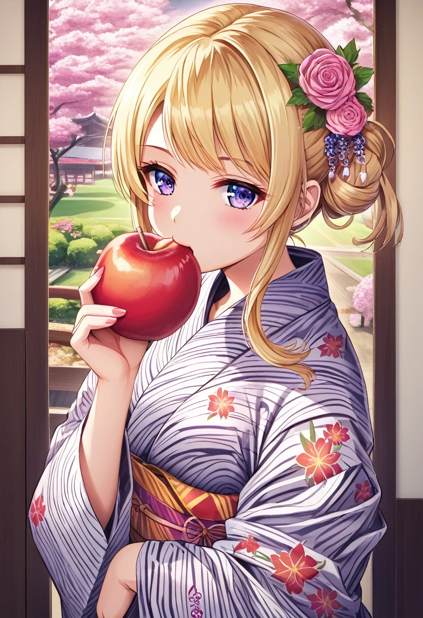 Uma garota loira bob está usando um yukata com padrão de flor(Yukata brilhante) e comendo doce de maçã(Doces Ringo japoneses),Por favor, faça um desenho lindo e magnífico do grande doce Ringo.obra de arte,melhor qualidade,Ultra-detalhado, ilustração, luz detalhada,extremamente delicado e lindo,Dinâmico