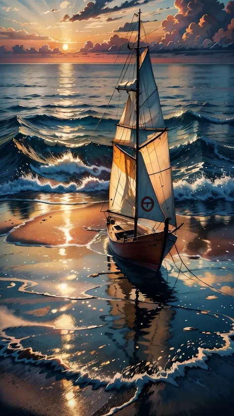 watercolor painting sunset, high tide, golden sand, calm sea, colored clouds, rays of light break through the clouds, in the reflection of light on the water, a sailing boat is a fish, the sea shimmers with bright colors . vibrant, beautiful, painterly, detailed, textural, artistic