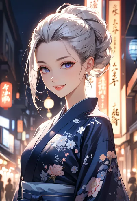 (masterpiece:1.5), (Beet quality), (High resolution), One Girl Solo, Beautiful Face,smile(Shining Eyes), Light effects, Wearing an intricately patterned Japanese kimono, Silver hair color, Woman with her hair pulled back, City of night