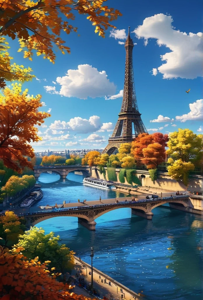 gangfeng,eiffel tower,paris,sunny day,clouds,trees,seine river,bridge,autumn leaves,vibrant,clear weather,bright,scenic,nature,calm waters,idyllic.,