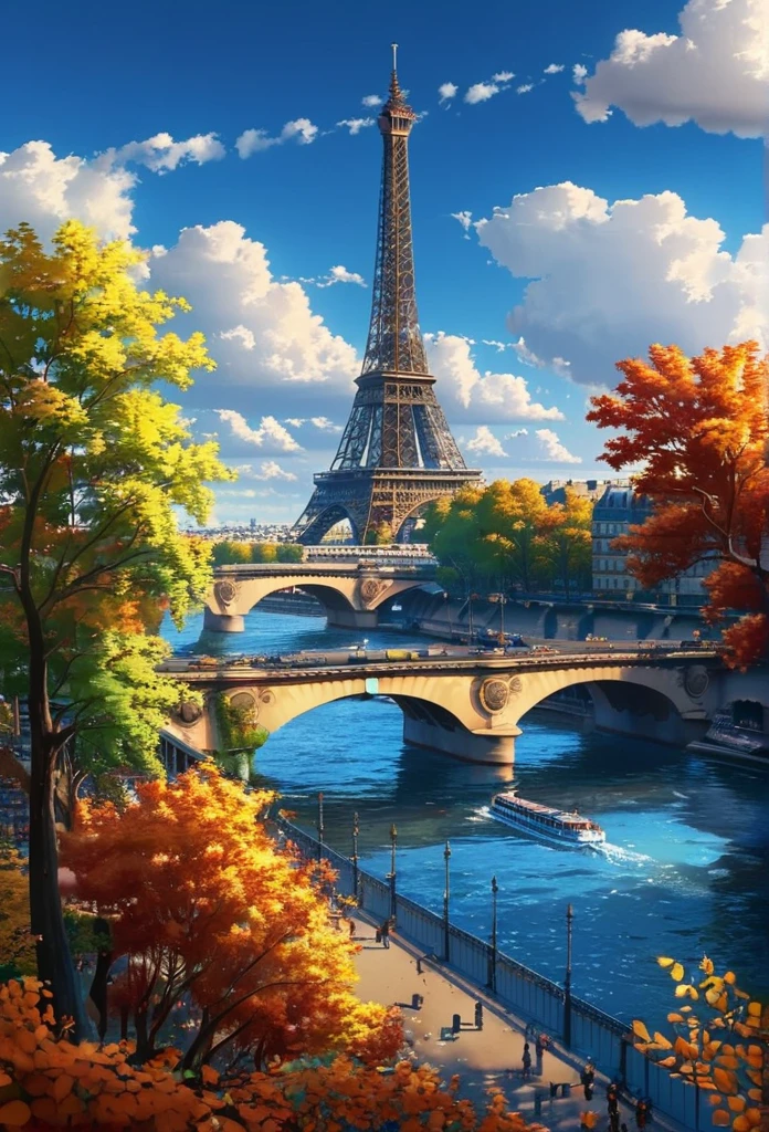 gangfeng,eiffel tower,paris,sunny day,clouds,trees,seine river,bridge,autumn leaves,vibrant,clear weather,bright,scenic,nature,calm waters,idyllic.,