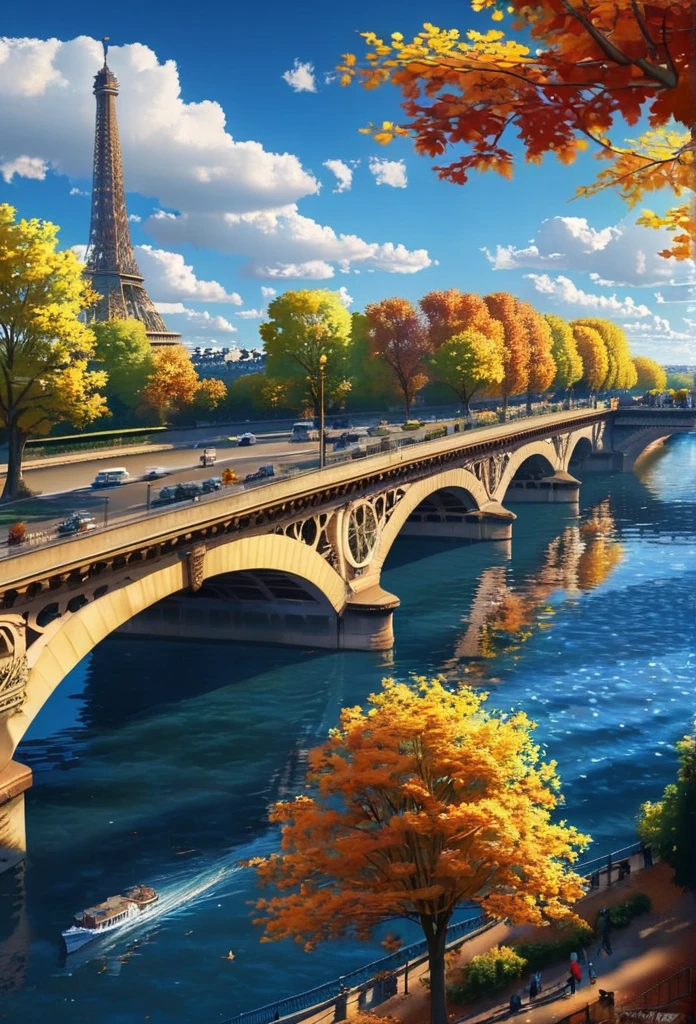 gangfeng,eiffel tower,paris,sunny day,clouds,trees,seine river,bridge,autumn leaves,vibrant,clear weather,bright,scenic,nature,calm waters,idyllic.,