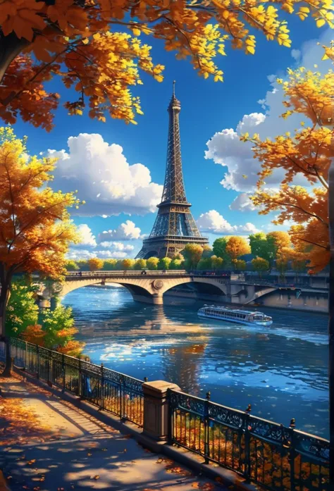 gangfeng,eiffel tower,paris,sunny day,clouds,trees,seine river,bridge,autumn leaves,vibrant,clear weather,bright,scenic,nature,c...