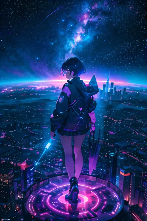 a girl with short hair stands in awe beneath a vibrant surreal night sky, the heart of a futuristic city, the towering skyscrapers are dwarfed by the cosmic spectacle above, colorful nebule and shooting stars pain the clouds in a kaleidoscope of hue, the city lights reflect in puddles on the ground