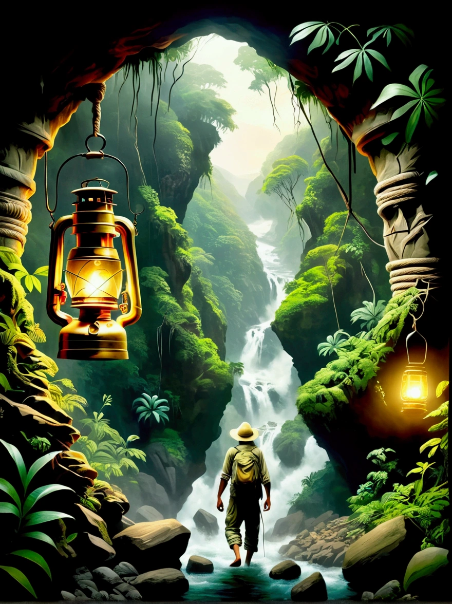 This is a picture full of exciting jungle adventure theme，Demonstrated resilience in the face of adversity，The background of the picture is a dense rainforest，Depicts a middle-aged white man and a young Middle Eastern woman，Both were dressed in rough clothing，Getting ready for a hike in the jungle，In a fierce storm，They crossed a dangerous rope bridge，There is a turbulent river under the bridge，On the top of a distant mountain，A figure holding a lantern，Bringing hope and inspiration to people，This image symbolizes courage in the face of adversity，Determination and tenacity，Emphasizes the indomitable spirit of human beings