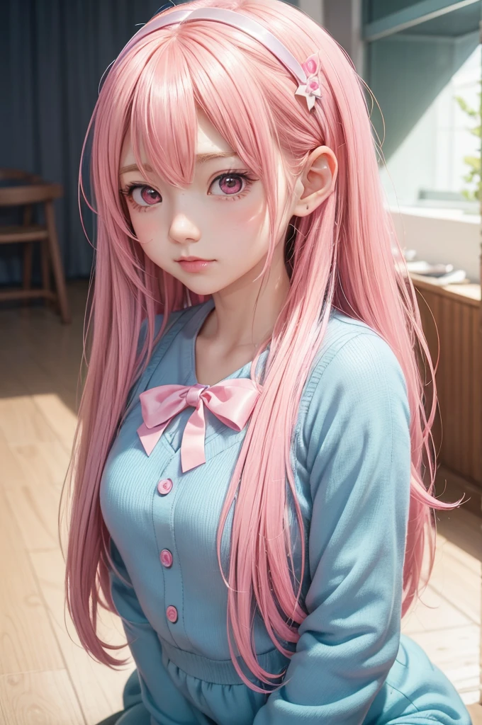 Anime-Mädchen mit rosa Haaren und einer Schleife im Haar, Niedliches realistisches Porträt, Gwaiz, Zauberhaftes Mädchenporträt, süße Charaktere, Niedlicher Kunststil, Anime-Moe-Kunststil, MapleStory-Charakterkunst, Süßes Porträt, süßes Anime-Mädchenporträt, Kleines Personenporträt, Kunstwerk im Stil von Gwaiz, Splash Art Anime 