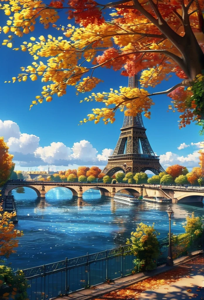 gangfeng,eiffel tower,paris other sight,sunny day,clouds,trees,seine river,bridge,autumn leaves,vibrant,clear weather,bright,scenic,nature,calm waters,idyllic.,