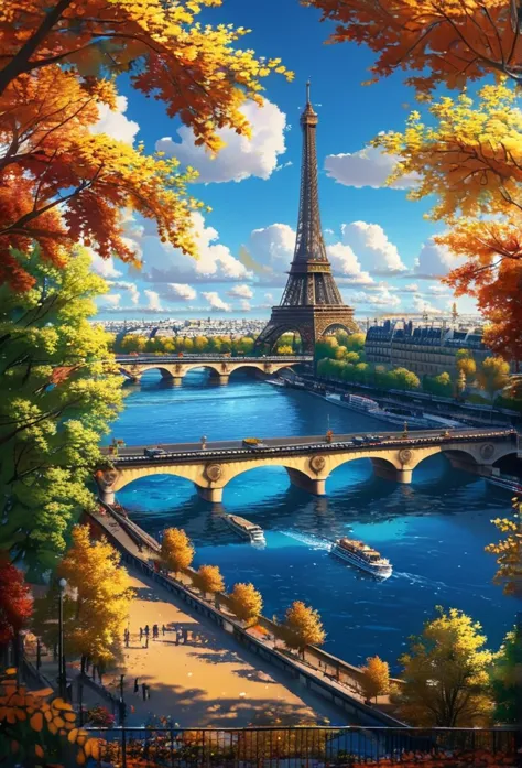 gangfeng,eiffel tower,paris other sight,sunny day,clouds,trees,seine river,bridge,autumn leaves,vibrant,clear weather,bright,sce...