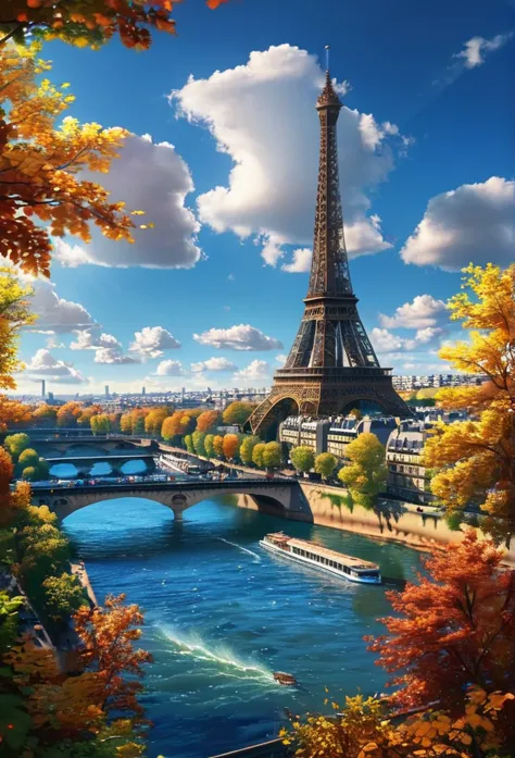 gangfeng,eiffel tower,paris other sight,sunny day,clouds,trees,seine river,bridge,autumn leaves,vibrant,clear weather,bright,sce...