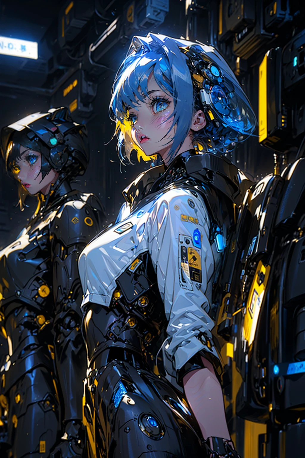 1girl,solo,cool,she is android,robot,machine,black and white,gold,in cyber world