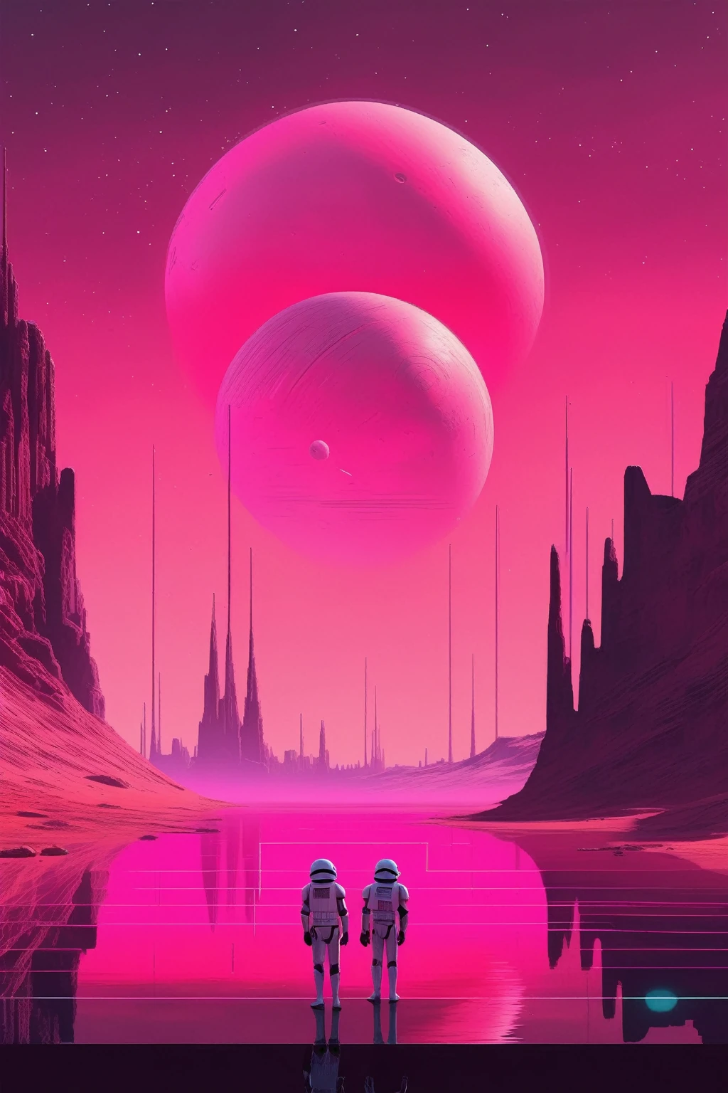 Estilo Christopher Balaskas: a planet from the Star Wars universe in the style of Wes Anderson, with a minimalist synthwave approach