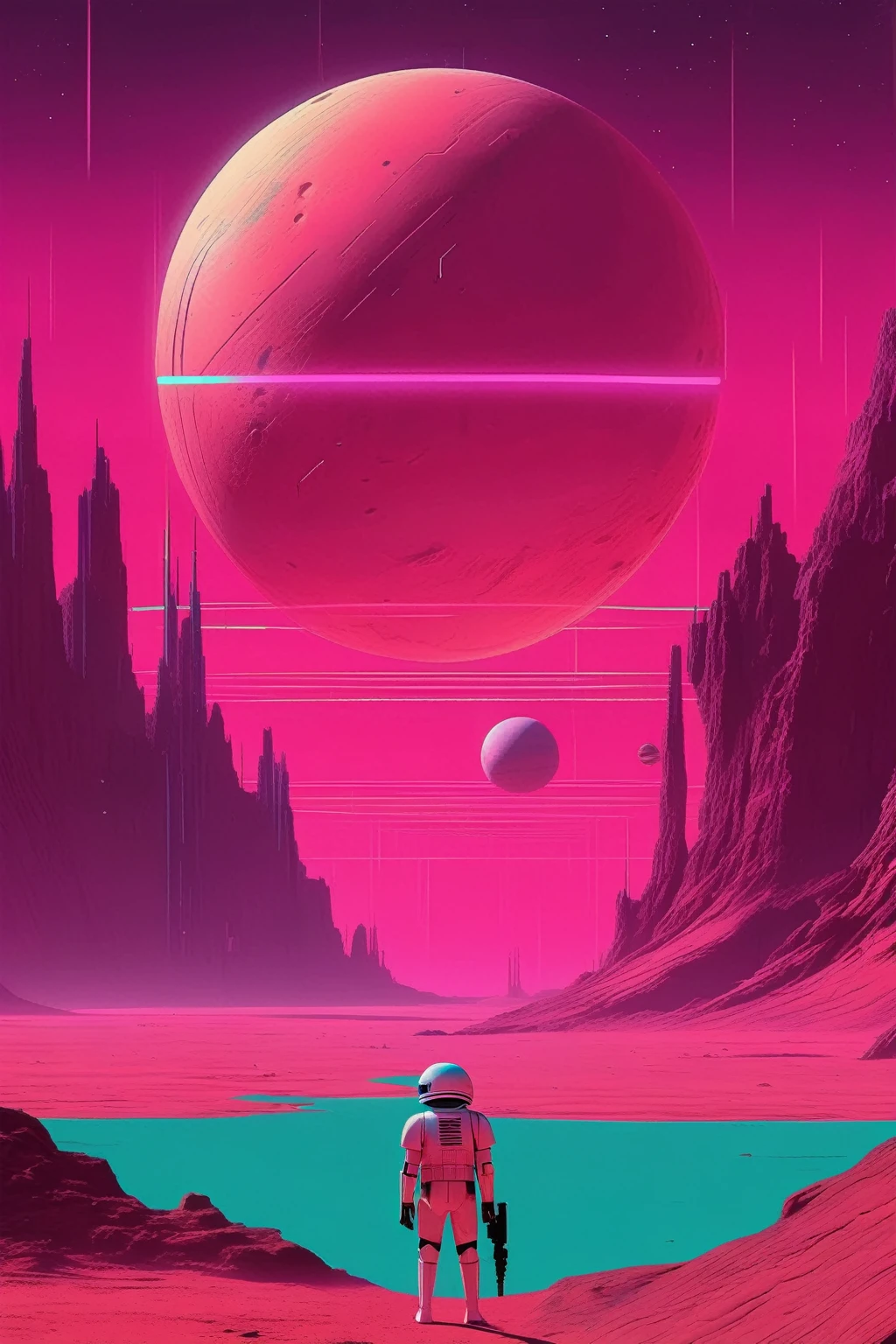 Estilo Christopher Balaskas: a planet from the Star Wars universe in the style of Wes Anderson, with a minimalist synthwave approach