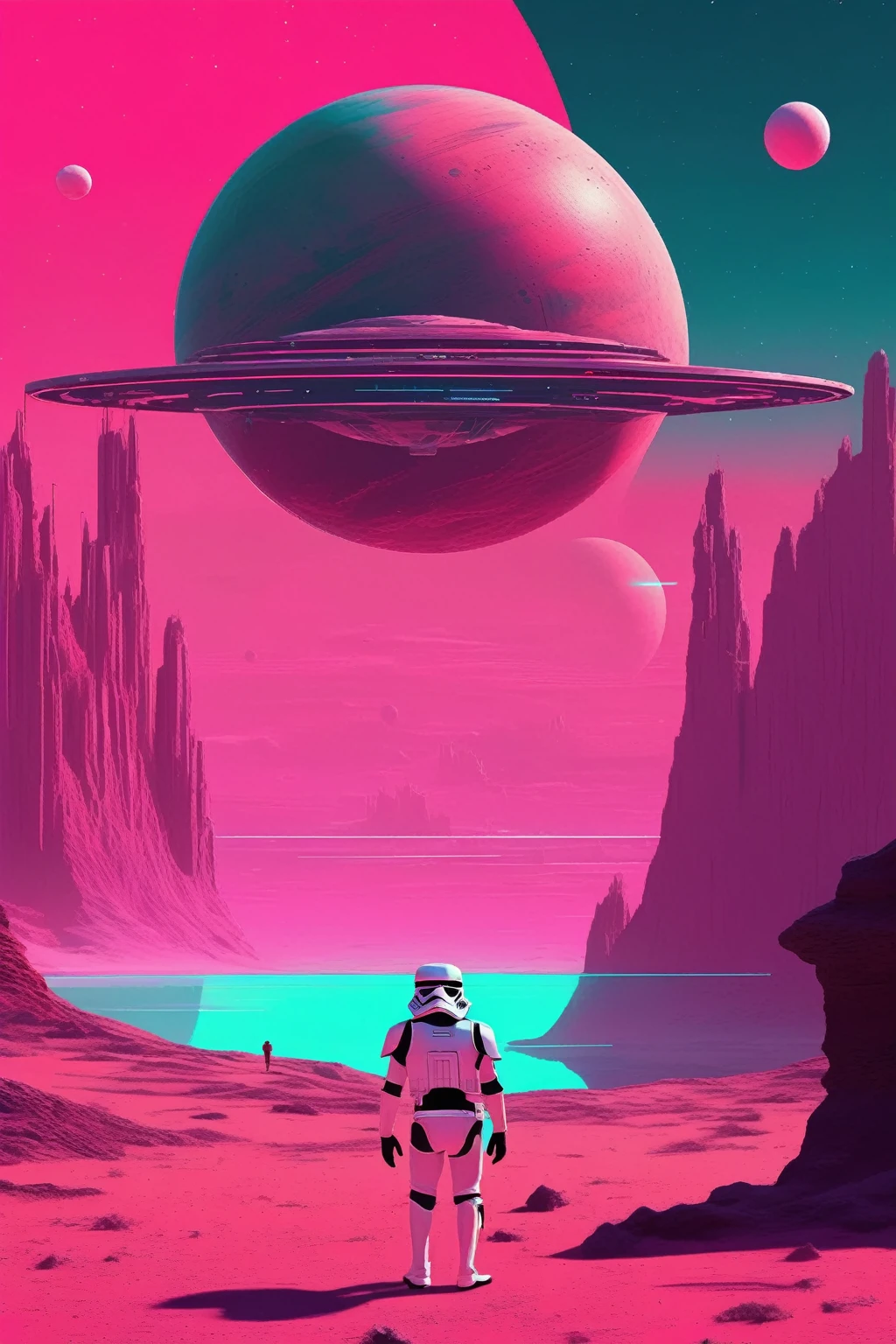 Estilo Christopher Balaskas: a planet from the Star Wars universe in the style of Wes Anderson, with a minimalist synthwave approach