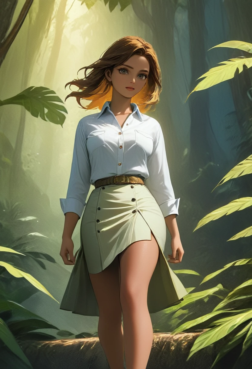 high details, best quality, 16k, [ultra detailed], masterpiece, best quality, dynamic angle, ultra wide shot, RAW, photorealistic, fantasy art, realistic art, a picture of a computer engineer  getting lost in the jungle, computer engineer, wearing white button shirt,  dynamic skirt, dynamic colors, wearing stiletto heels, full body, (an extremely beautiful: 1.3), (best detailed face: 1.4), dynamic hir color, dynamic hair style, dynamic eyes color, sense of confusion, sense of helplessness, jungle trees, a snake lurking by, high details, fantasy art, RPG art best quality, 16k, ultra detailed, masterpiece, best quality, (ultra detailed), full body, ultra wide shot, photorealistic, Hyperrealism style