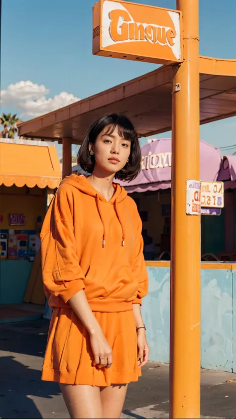 (medium cinematic shot portrait), of cute 23 yo girl ,wear ((orange color oversized_hoodie)), wear ((purple tennis skirt)),looki...