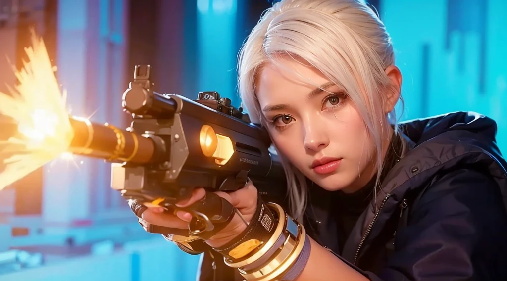 a girl with white hair, blue jacket, hold a gun