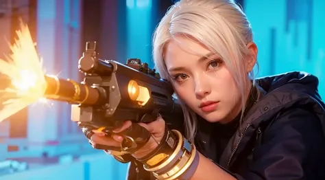 a girl with white hair, blue jacket, hold a gun