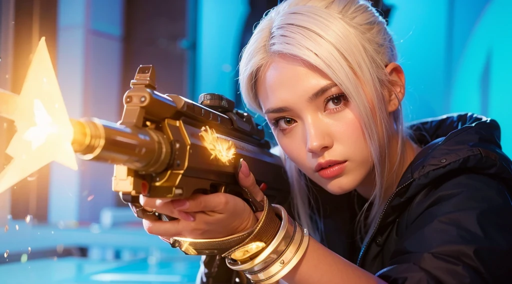 a girl with white hair, blue jacket, hold a gun