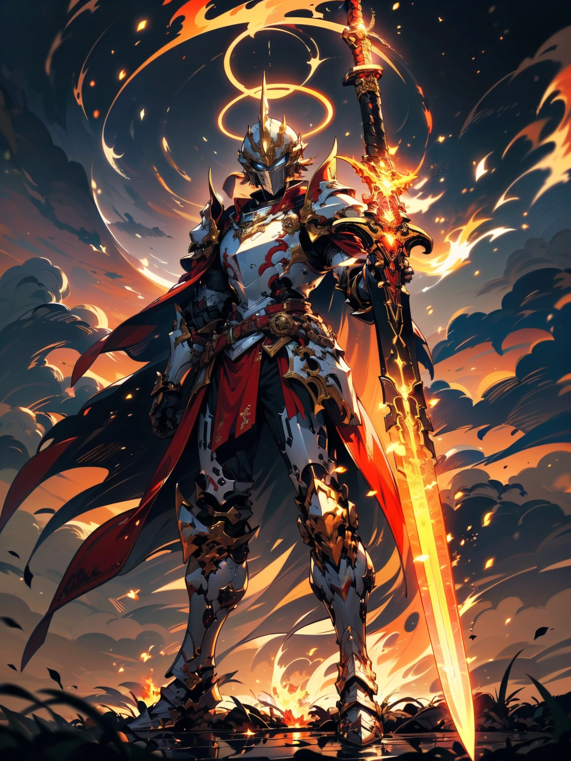 8K quality,(super masterpiece:1.3),Highest quality,Detailed Images,1 male,knight,pocket(Full Face,Two Corners),armor(Silver Full Armor,Golden decoration),(Wear a red cloak,Red Cape),(Holding a flaming sword in both hands),(background:Burning image,sunset,幻想的なsunset,The End,The end of the world,grassland,Takayama,Halo effects),(Whole body image,Standing with your legs apart),(Face directly towards the camera,Looking directly at the viewer,looking at the camera,The body faces the viewer,The body is facing the direction of the camera,Face looking straight into the camera).