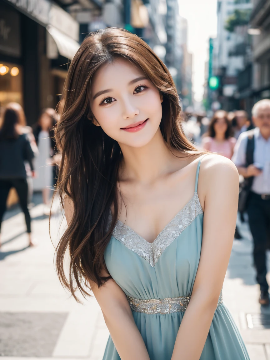 ((best quality, 8k, masterpiece :1.3)), 1 girl, smiling, whole body, face slimming, pretty Woman, (Long dark brown hair), full length dress :1.1, Super detailed faces, delicate eyes, double eyelids, blurred background, face slimming, City, external, street, Random body orientation,