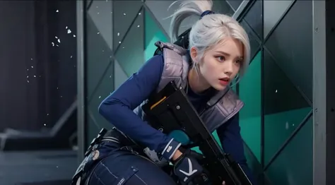 a girl with white hair, blue jacket, hold a gun