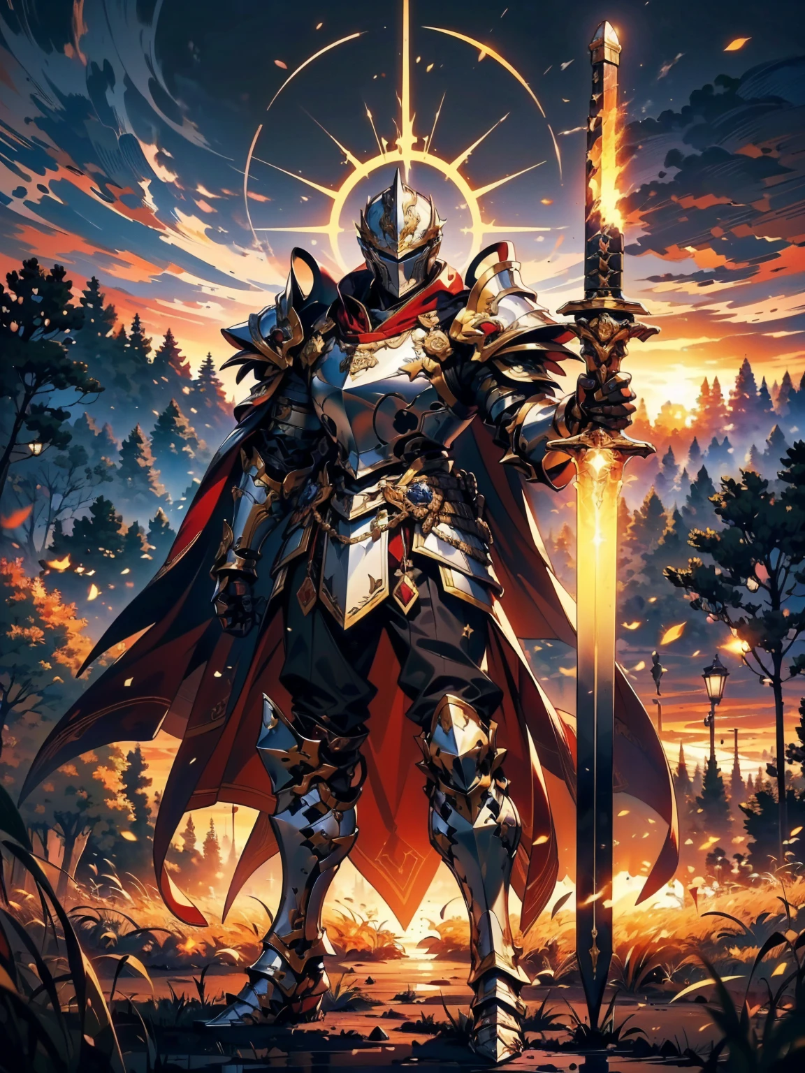 8K quality,(super masterpiece:1.3),Highest quality,Detailed Images,1 male,knight,pocket(Full Face,Two Corners),armor(Silver Full Armor,Golden decoration),(Wear a red cloak,Red Cape),(Holding a flaming sword in both hands),(background:Burning image,sunset,幻想的なsunset,The End,The end of the world,grassland,Takayama,Halo effects),(Whole body image,Standing with your legs apart),(Face directly towards the camera,Looking directly at the viewer,looking at the camera,The body faces the viewer,The body is facing the direction of the camera,Face looking straight into the camera).