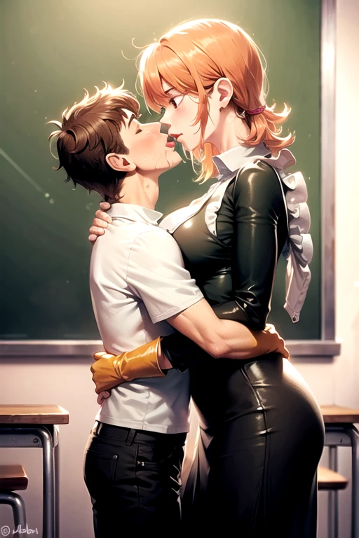 kissing his son on the mouth at a school, with big breasts, sad look of mother, mother crying green dress, with apron, yellow gloves, short hair, Red hair, son lab clothes.