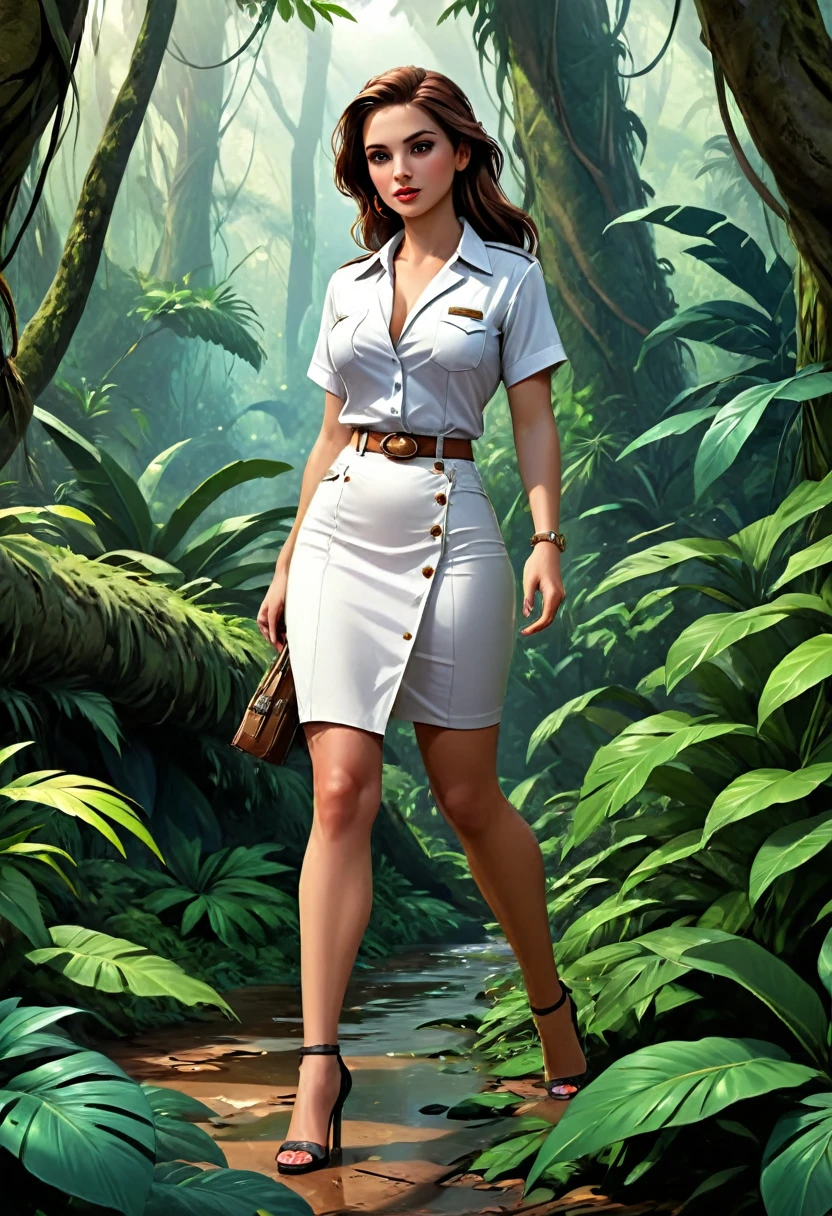 high details, best quality, 16k, [ultra detailed], masterpiece, best quality, dynamic angle, ultra wide shot, RAW, photorealistic, fantasy art, realistic art, a picture of a computer engineer  getting lost in the jungle, computer engineer, wearing white button shirt,  dynamic skirt, dynamic colors, wearing stiletto heels, full body, (an extremely beautiful: 1.3), (best detailed face: 1.4), dynamic hir color, dynamic hair style, dynamic eyes color, sense of confusion, sense of helplessness, jungle trees, plenty of (jungle veins: 1.2), (jungle flowers: 1.1), a (snake: 1.3) lurking by, high details, fantasy art, RPG art best quality, 16k, ultra detailed, masterpiece, best quality, (ultra detailed), full body, ultra wide shot, photorealistic, Hyperrealism style