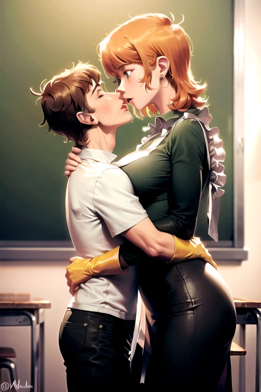 kissing his son on the mouth at a school, with big breasts, sad look of mother, mother crying green dress, with apron, yellow gloves, short hair, Red hair, son lab clothes.