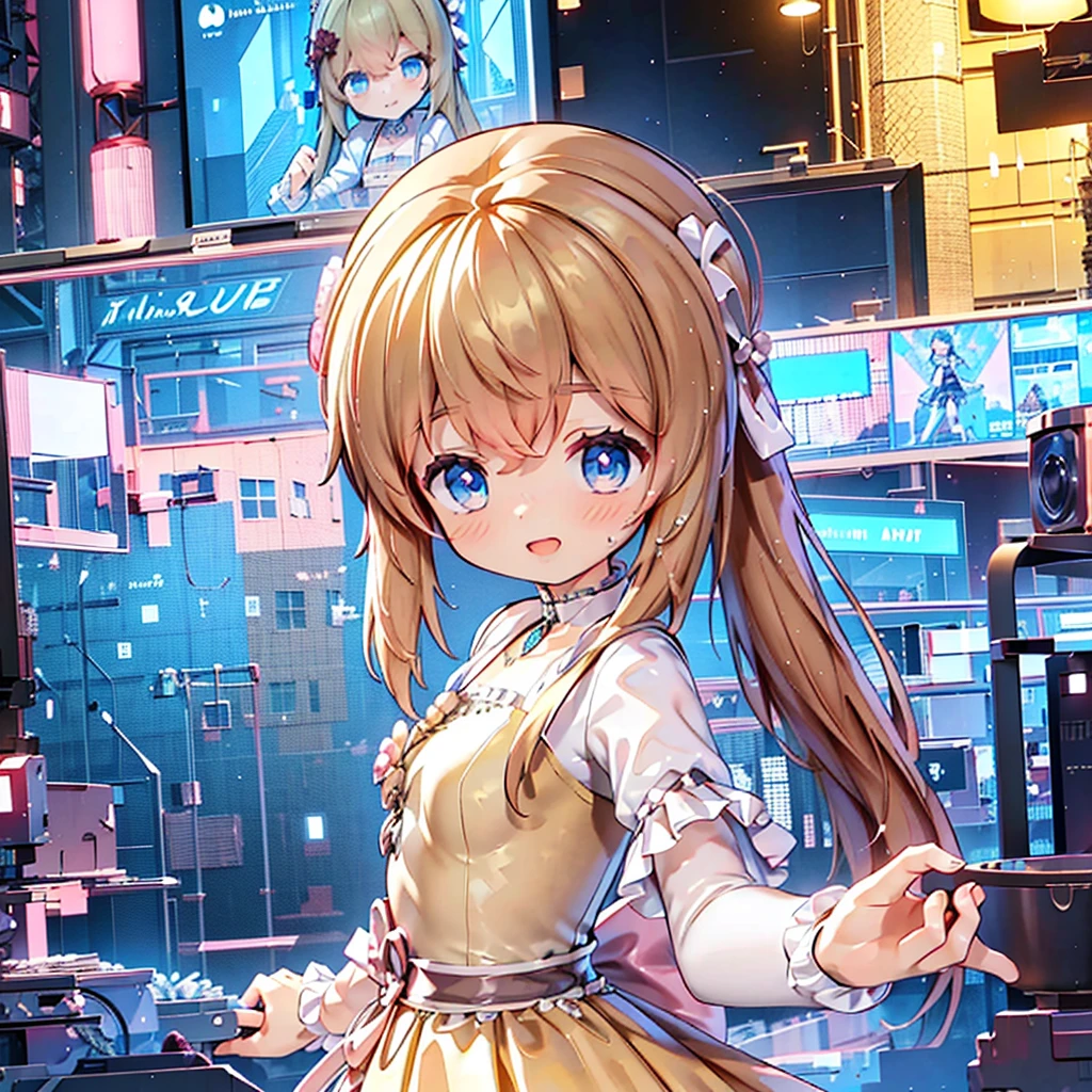 masterpiece, best quality, CG wallpaper, 8k, girl, solo,  cute, petite, Blue eyes, brown twintail, (yellow dress), open mouth smile, look away, dynamic angle, glitch, neon and led lights, side view
