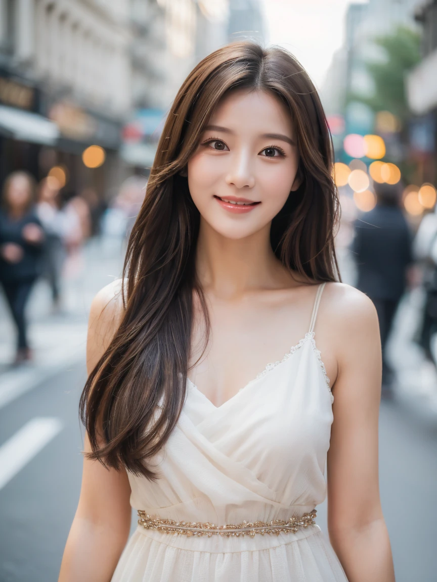 ((best quality, 8k, masterpiece :1.3)), 1 girl, smiling, whole body, face slimming, pretty Woman, (Long dark brown hair), Normal chest, full length dress :1.1, Super detailed faces, delicate eyes, double eyelids, blurred background, face slimming, City, external, street, Random body orientation,