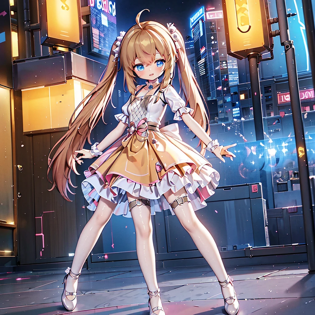 masterpiece, best quality, CG wallpaper, 8k, girl, solo,  cute, petite, Blue eyes, brown twintail, (yellow dress), open mouth smile, look away, dynamic angle, glitch, neon and led lights, front view, full body
